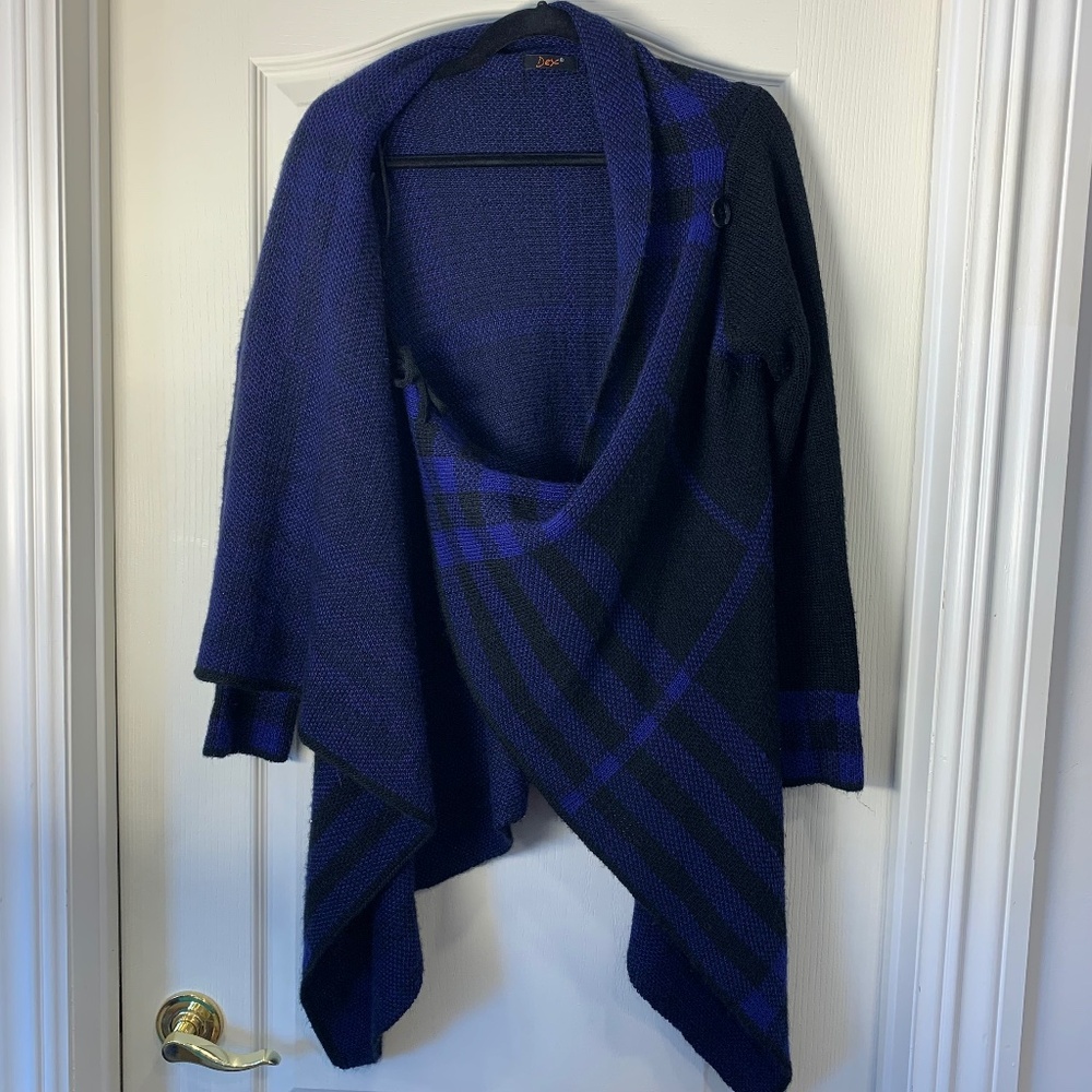 Dex Blue & Black Asymmetrical Button Cardigan – Artsy Boho Cozy Winter Knit L - Picture 4 of 13